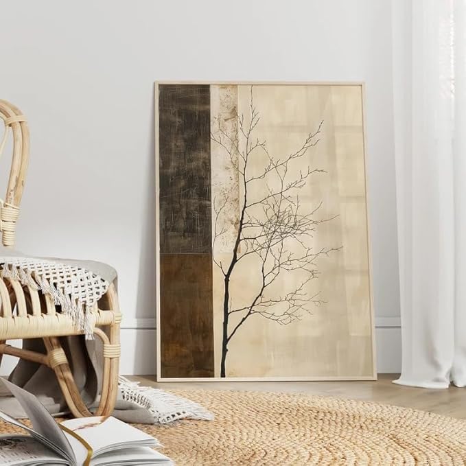 ZHBJSM Minimalist Tree Wall Art Modern Abstract Rustic Neutral Tone Bare Tree Texture Calm Nature-Themed Home Living Room Bedroom Elegant Stylish Interior Decor Accent 16x24 Inch Unframed