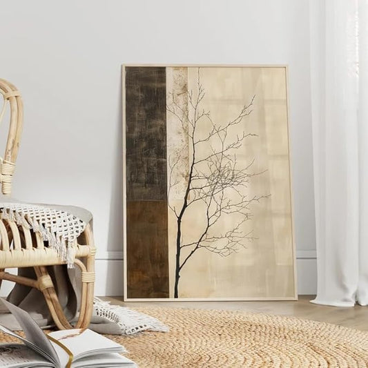 ZHBJSM Minimalist Tree Wall Art Modern Abstract Rustic Neutral Tone Bare Tree Texture Calm Nature-Themed Home Living Room Bedroom Elegant Stylish Interior Decor Accent 16x24 Inch Unframed