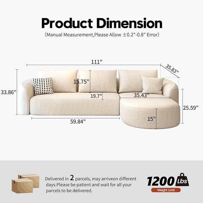 Settab 111" Modular Sectional Couches Luxury Modern Curved Back Sofa,Minimalist Comfy L-Shape Boneless Cloud Couch for Living Room Apartment,(Right Facing Chaise,White)
