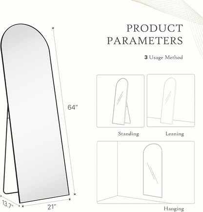 Arched Mirror Full Length, Upgraded 21"x64" Body Wall Mirrors with Shatter-Proof Glass, Floor Standing, Hanging or Leaning, Tall Arch Mirror with Stand Aluminum Alloy Frame for Bedroom, Black