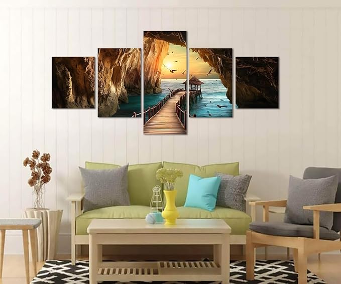 Yatsen Bridge 5 Panels Seascape Wall Art for Living Room Sunset and Seagulls Landscape Pictures Canvas Prints Artwork Modern Beach Home Decor Wooden Framed Ready to Hang - 50''W x 24''H