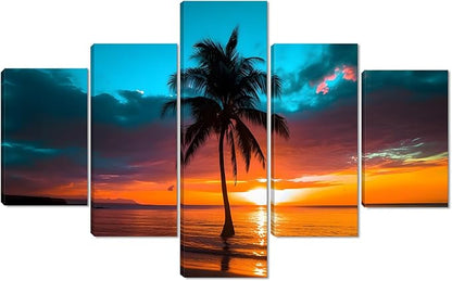 Yatsen Bridge 5 Piece Beach Sunset Canvas Wall Art Seascape Pictures Palm Trees Landscape Home Decor for Living room Bedroom Wall Decoration Framed Ready to Hang - 60''W x 40''H