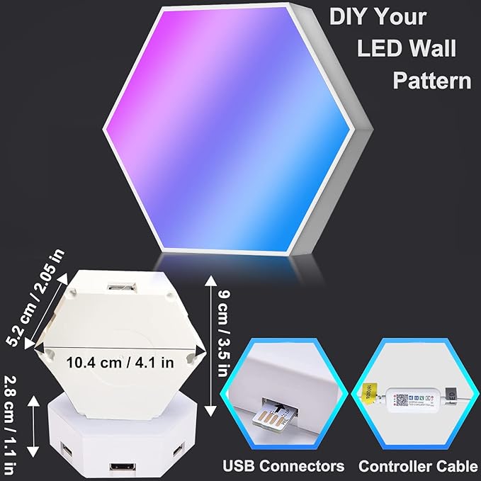 Hexagon LED Lights, Smart RGB-IC Gaming LED Wall Lights App & Remote Control Music Sync, Hexagon Light Panels DIY Geometry Ambience Lighting for Gaming Room Bedroom Streaming, 10 Panels