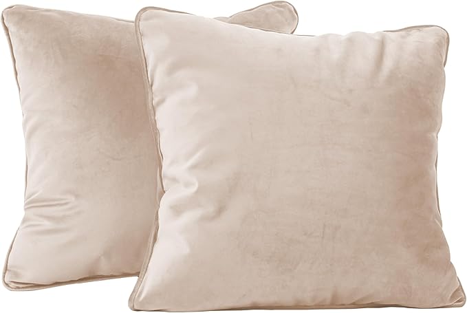 FDP 18" x 18" Velvet Square Pillow Set with Piping Decorative Throw Pillow for Home Dcor in Living Room, Bedroom or Lounge (2-Pack) - Beige, 15158-340