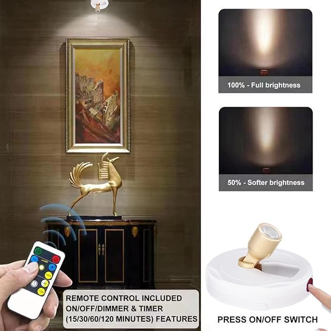 HAMVIDNE LED Spotlight, Battery Powered Picture Lights, Uplighting Indoor, Puck Lights with Remote, Stick Spot Light for Wall Display Picture Dartboard Painting Artwork Accent Closet-4Pack