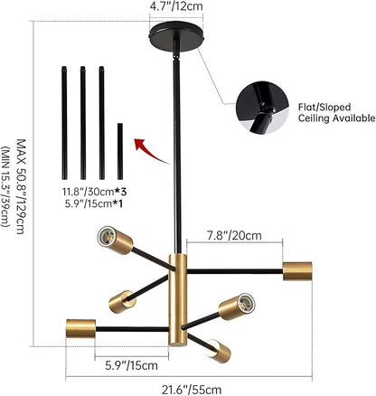 RUIYEY Modern Chandeliers for Dining Room, Black and Gold Chandelier Ceiling Light Fixture 6-Light Sputnik Chandeliers Mid Century Chandeliers for Living Room,Kitchen Island,Bedroom,Foyer