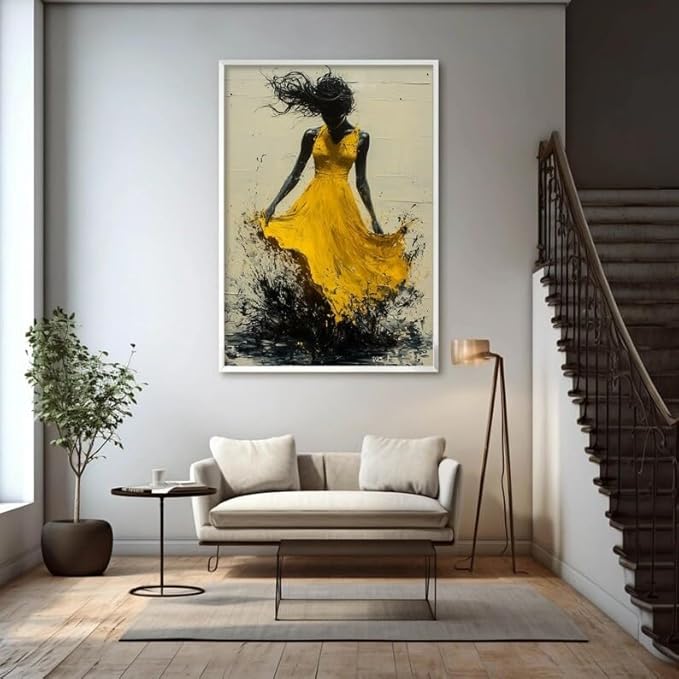 Abstract Figure Wall Art Modern Expressive Vibrant Yellow Dress Dynamic Brushstroke Splash Texture Neutral Tone Home Living Room Bedroom Artistic Interior Decor Statement Piece 16x24 Inch Unframed