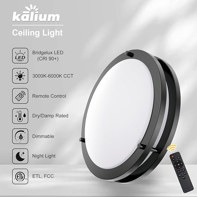 Kalium 14 Inch Flush Mount LED Ceiling Light Remote, Matter Black, 24W, 3000K-6000K CCT, Close to Ceiling, Dimmable Lighting Fixtures for Kitchen, Bedroom, Bathroom. Hardwired, 2PACK.