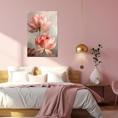 Lotus Pictures Wall Art for Bathroom Pink Flowers Modern Spring Floral Paintings Canvas Prints Artwork for Living Room Bedroom Home Decoration Framed