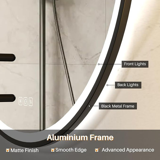 28 inches Round Aluminum Black Framed LED Mirror, Smart Bathroom Mirror with Lights, Anti-Fog, Tempered Glass, 3 Colors Dimmable, Front and Backlit, Wall Mounted, Memory