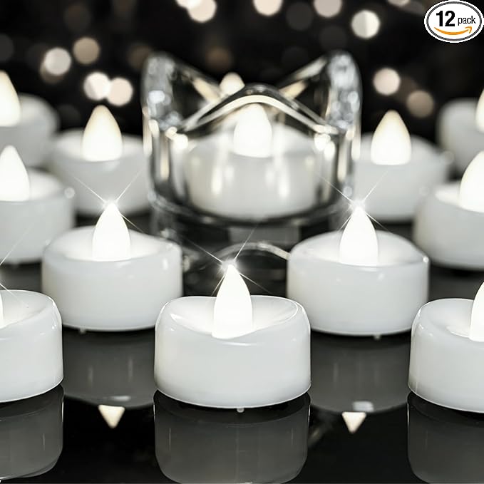 merrynights LED Candles, Tea Lights Candles Battery Operated, 12-Pack 200+Hours Flameless Tealight Candle, Realistic Tea Lights for Halloween Christmas Wedding, Pure White Light