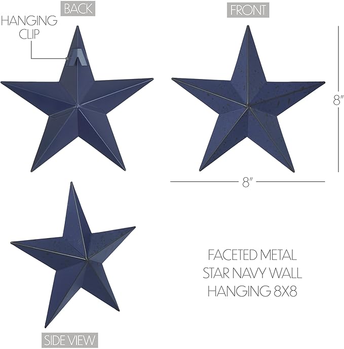 VHC Brands Patriotic Faceted Metal Star Navy Wall Hanging 8x8, Independence Day Decor, American Star Design, Distressed Appearance Metal Wall Hanging
