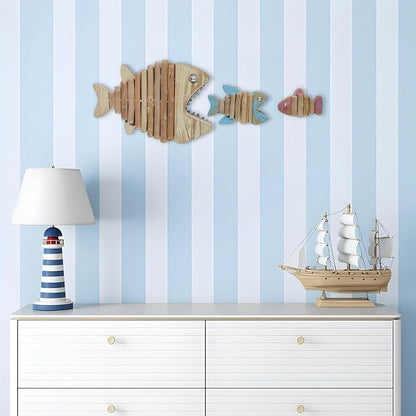 Driftwood Fish 3-in-1 Nautical Wall Decor - Handmade Wooden Rustic Coastal Wall Art for Living Room, Bedroom, Office, Bathroom - Ocean Beach Decoration (Skelly)