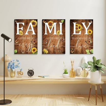 GUBIYU Farmhouse Family Wall Art Set of 3, Rustic Family Wall Decor for Living Room & Dining Room, Retro Brown Wood Wall Art with Butterfly & Sunflower Design, 16"x24"