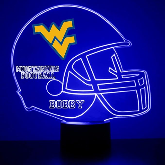 Officially Licensed West Virginia University Mountaineers Football Helmet Custom LED Sign Night Light Lamp with Remote, Light Up Display with Personalized Name or Image, Customized, Made in The USA