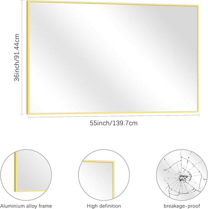 COFENY 36x55inch Bathroom Mirror, Gold Rectangle Mirror with Thin Metal Frame, Large Rectangular Wall Mirror for Bathroom, Living Room, Hair Salon, Big Farmhouse Mirror Hang Horizontal/Vertical
