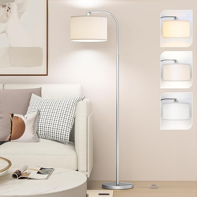 Arc Floor Lamps for Living Room with 3 Color Temperatures, Modern Floor Lamp Reading Light with 9W Bulb Included, Standing Lamp with Adjustable White Hanging Shade for Bedroom Office(Silver)