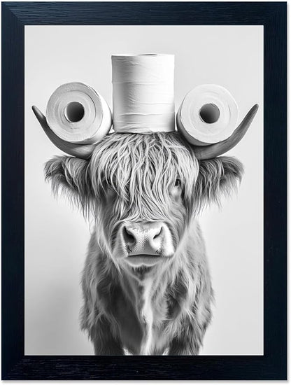 Funny Highland Cow Bathroom Wall Art with Toilet Paper on Head, Humorous Farmhouse Sign for Bathroom Decor, Rustic Black Framed Canvas Print for Restroom Toilet, Ready to Hang 16"x20"