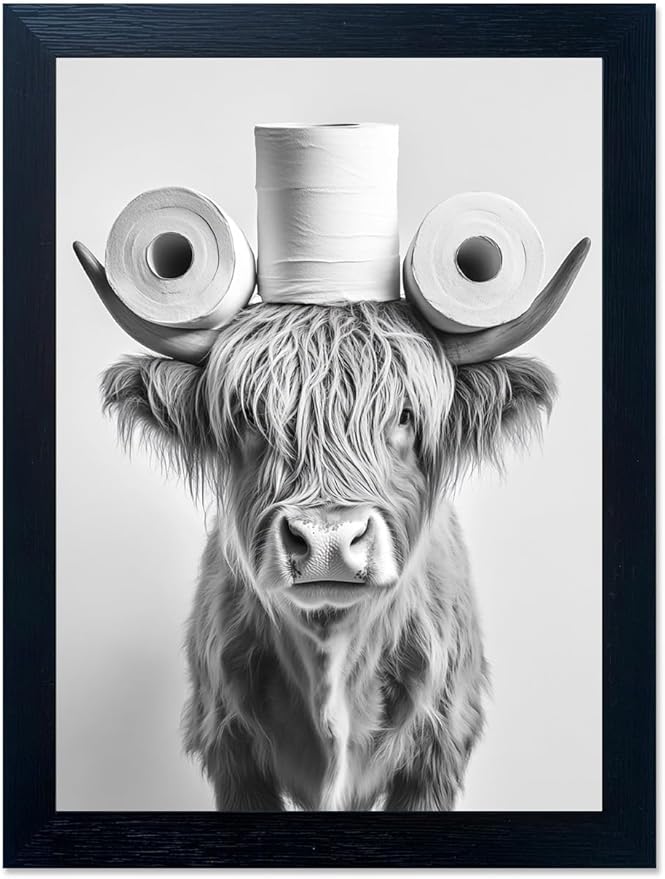 Funny Highland Cow Bathroom Wall Art with Toilet Paper on Head, Humorous Farmhouse Sign for Bathroom Decor, Rustic Black Framed Canvas Print for Restroom Toilet, Ready to Hang 11"x14"