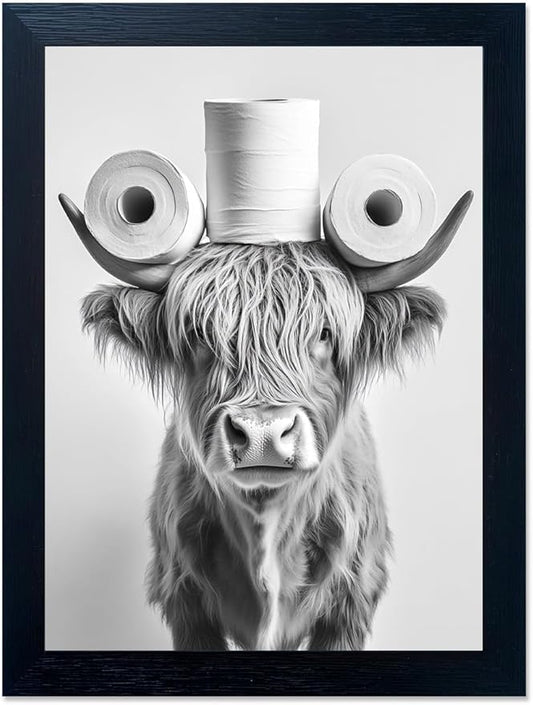 Funny Highland Cow Bathroom Wall Art with Toilet Paper on Head, Humorous Farmhouse Sign for Bathroom Decor, Rustic Black Framed Canvas Print for Restroom Toilet, Ready to Hang 11"x14"