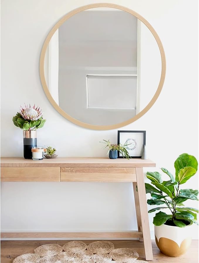 JJUUYOU Large Round Mirrors for Wall Circular Mirror for Bathroom 24 Inc Wood Framed Round Mirror for Bathroom Make up Mirror for Living Room Wall Mounted Bedroom Dorm