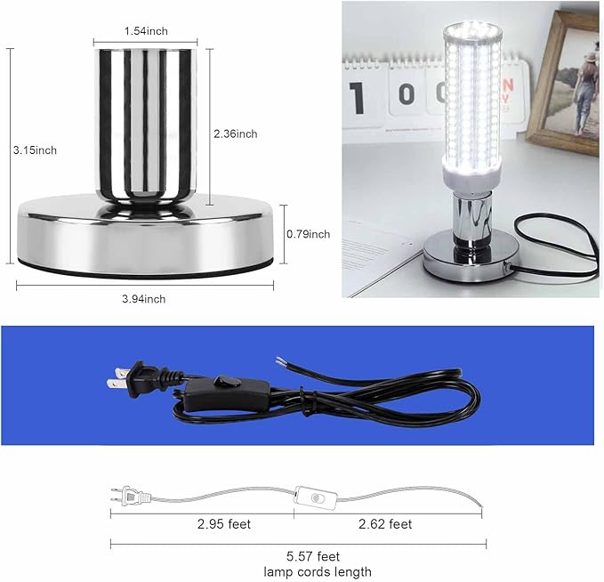 Industrial Table Lamp Base, Small Polished Metal Desktop Light Socket Base, Bronze Edison Screw Light Holder with 5.57ft Cord and On/Off Switch (Silver Set of 2)