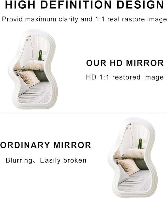 Mokoze Wavy Wall Mirror, Irregular Decorative Accent for Bedroom Vanity Entryway Living Room, White Funky Aesthetic Wall Mounted or Tabletop Display, 15.94" x 10.24"
