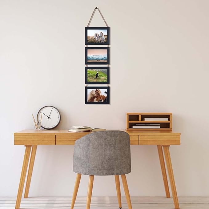 Lavezee 4x6 Hanging Collage Picture Frames Set of 2, Black 8 Opening Horizontal Frame Made to Display 4 x 6 Inch Photo for Wall Decor
