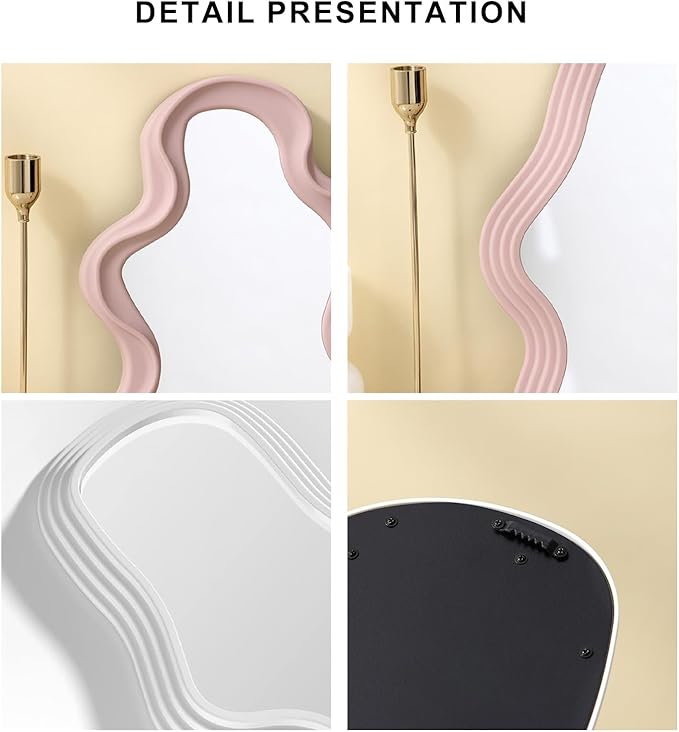 Mokoze Wavy Wall Mirror, Irregular Decorative Accent for Bedroom Vanity Entryway Living Room, Pink Funky Aesthetic Wall Mounted or Tabletop Display, 15.94" x 10.24"