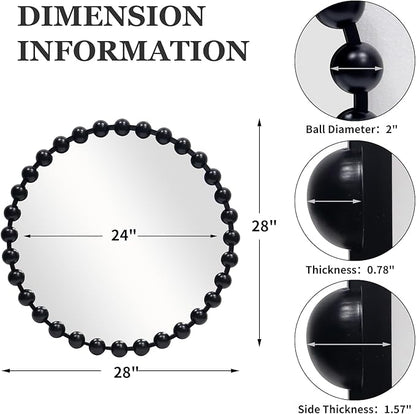Round Black Mirror 28'', Spherical Frame Round Mirror for Living Room, Beaded Mirror for Bathroom, Dining Roon, Bed Room, Entryway