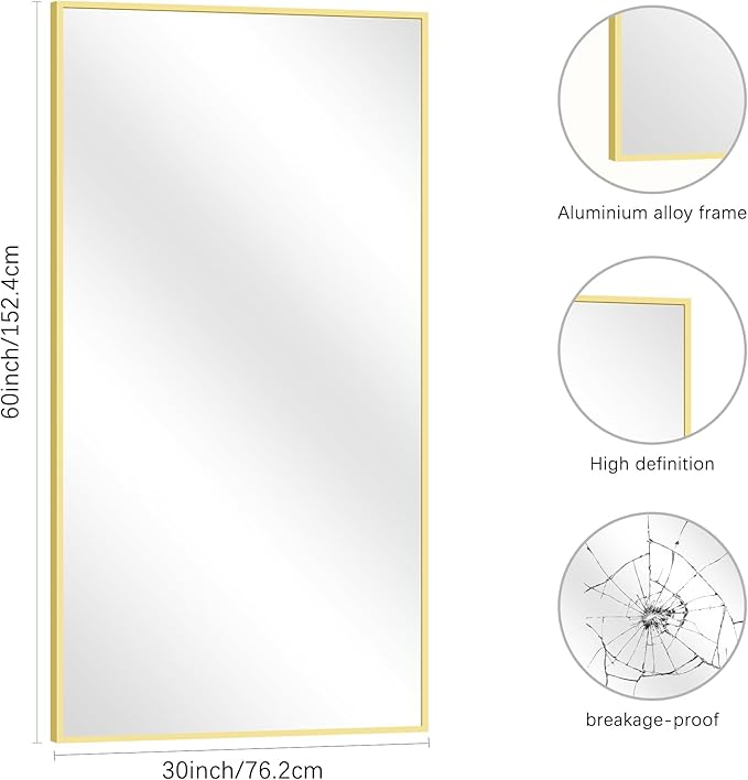 COFENY Gold Bathroom Mirror for Wall, 60x30 Inch Rectangle Mirrors with Metal Frame, Modern Vanity Wall Mirror Decor for Bathroom Living Room, Entryway Hangs Horizontal or Vertical