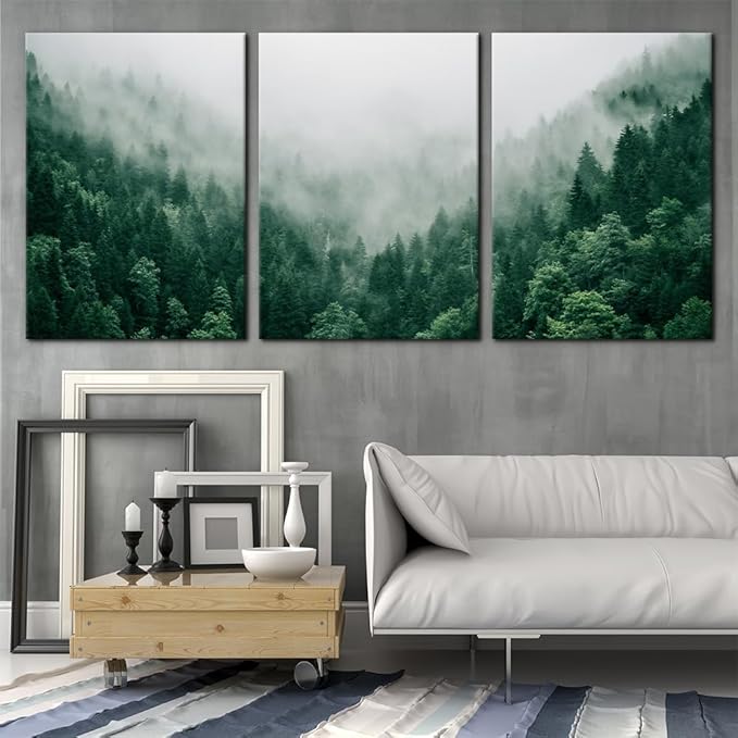 Pacimo Canvas Print Wall Art Set Talking with the Fog Aerial View of Pine Trees in Mist Realism Pictures Print on Canvas Rustic Scenic Modern Artwork Stretch Framed Ready to Hang - 20"x28"x3 Panel