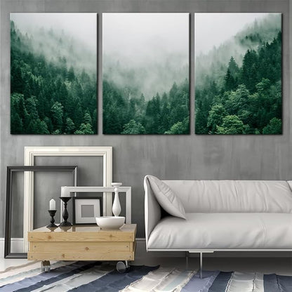 Pacimo Canvas Print Wall Art Set Talking with the Fog Aerial View of Pine Trees in Mist Realism Pictures Print on Canvas Rustic Scenic Modern Artwork Stretch Framed Ready to Hang - 20"x28"x3 Panel