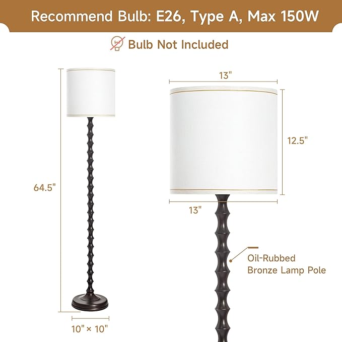 EUO 64.5" Floor Lamps for Living Room, Rustic Style Tall Floor Lamp Vintage Farmhouse Dark Brown Standing Lamp with Rotary Switch, Floor Lamps for Living Room Bedroom Office Corner Decor
