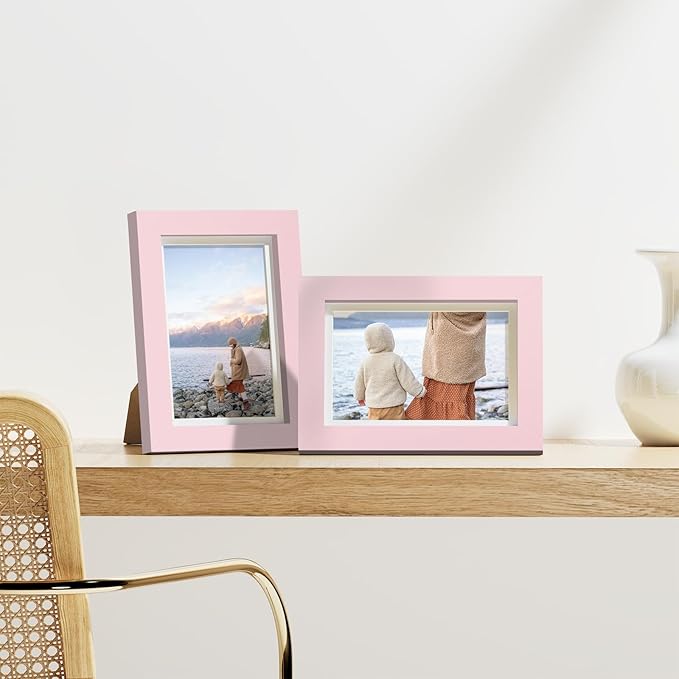 Vittanly 4x6 Picture Frames Set of 9, Display 3.5x5 Pictures with Mat or 4x6 without Mat, Photo Frames for Wall or Tabletop with Plexiglass, Engineered Wood, Pink