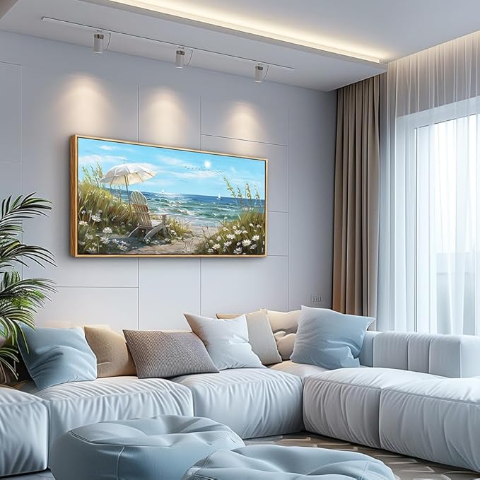 ERQINHUA Large Wall Art For Living Room Canvas Wall Decor For Bedroom Office Decoration Blue Sea Ocean Paintings Beach Chair Wall Pictures Artworks Modern Home Decor Aesthetics 24x48 In Wood Framed
