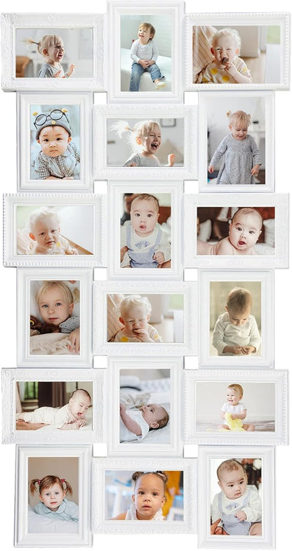 HELLO LAURA - Collage Picture Frames for Wall - 18 Photo Frame in 4x6 Inch Elegant Family Picture Frames Collage Wall Decor Display Multiple Photos for Home - Vintage White