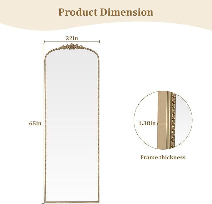 WallBeyond Gold Vintage Full Length Mirror with Stand for Vanity 22x65 Inch, Gold Antique Mirror with Ornate Frame, Arched Vintage for Bathroom, Living Room, Bedroom, Entryway