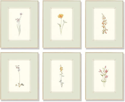 KBKBART Mint Green Floral Wall Art Set of 6 Unframed, Minimalist Abstract Flower Prints Watercolor Botanical Wildflower Wall Decor Canvas Painting, Boho Wall Decor for Bathroom, Living Room