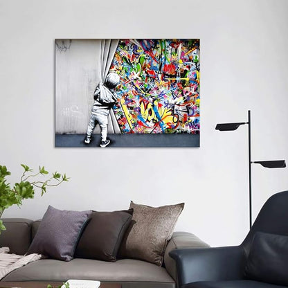 Banksy Graffiti Wall Art Behind The Curtain Classic Street Art Printing Colorful Canvas Paintings Posters and Pictures Prints Framed Modern Home Decor Artwork for Living Room(24''W x 18''H)