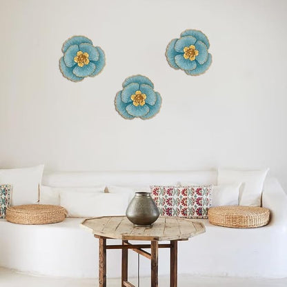 DILATATA 3 Pcs Metal Flower Wall Art Set 10 Inch Rustic Modern Floral Sculpture 3D Metal Flower Wall Hanging Accent for Indoor Living Room Bedroom Kitchen Bathroom Garden Patio Decor - Blue
