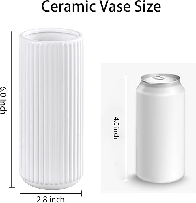 TIMEFOTO White Ceramic Flower Vase for Pampas Grass, 6 inch Small Decorative Centerpiece Ribbed Vase for Dining Table, Office Desktop, Shelf Bookshelf, Mantel, Bathroom, Countertop, Farmhouse, Gift