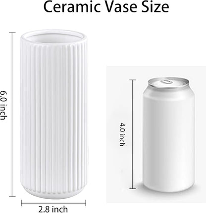 TIMEFOTO White Ceramic Flower Vase for Pampas Grass, 6 inch Small Decorative Centerpiece Ribbed Vase for Dining Table, Office Desktop, Shelf Bookshelf, Mantel, Bathroom, Countertop, Farmhouse, Gift