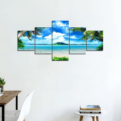 Beautiful Sky Palm Beach Paintings Modern Landscape 5 Panels Combination Set Wall Art Canvas Pictures for Home Decor Living Room Bedroom Posters and Prints Gallery-wrapped Stretched (50''W x 24''H)