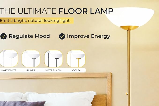 Modern Floor Superlamp 10000 Lumen - LED 75W, Dimmable 5 Changing Color, 85 CRI All Around Light, Tall Corner Standing Lamp with Cement Base and Acrylic Shade, Glare Free UpLight Kit Ready - Silver