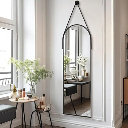 Dewfig 16"x48" Hanging Mirror with Leather Strap,Arched Full Length Mirror with Aluminum Frame Wall-Mounted Hanging Mirrors for Bathroom Vanity Living Room Bedroom Entryway Décor, Black
