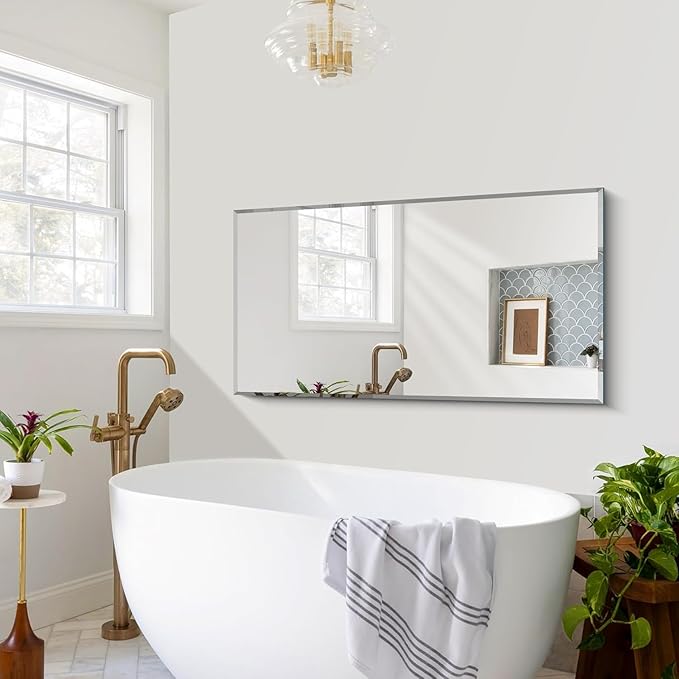 CILIBER Beveled Mirror, 24x48 Large Frameless Bathroom Mirrors for Wall, 3mm Tempered Glass Rectangle Vanity Mirror with Beveled Edge, Crystal-Clear, Hangs Horizontally or Vertically