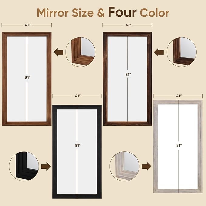 Full Length Mirror, 81"x41" Wooden Mirror Full Length with Stand Wood Floor Mirror, Oversized Stand Up Mirrors Large Wall Mirrors, Wall Mounted Mirrors, Rect Wood Style, Brown