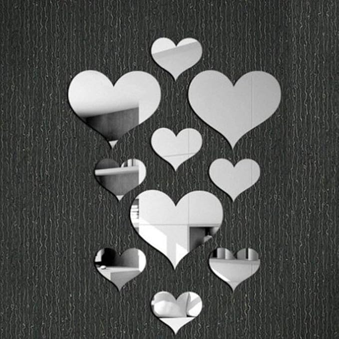 mollensiuer 1 Set Total 10 Pieces Heart Shape Acrylic Mirror Wall Stickers Plate Self Adhesive Mirror Stickers Mirrors for Wall Decor,Wedding Table Centerpiece, Art Wall Decoration (Silver)
