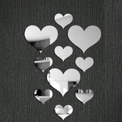 mollensiuer 1 Set Total 10 Pieces Heart Shape Acrylic Mirror Wall Stickers Plate Self Adhesive Mirror Stickers Mirrors for Wall Decor,Wedding Table Centerpiece, Art Wall Decoration (Silver)